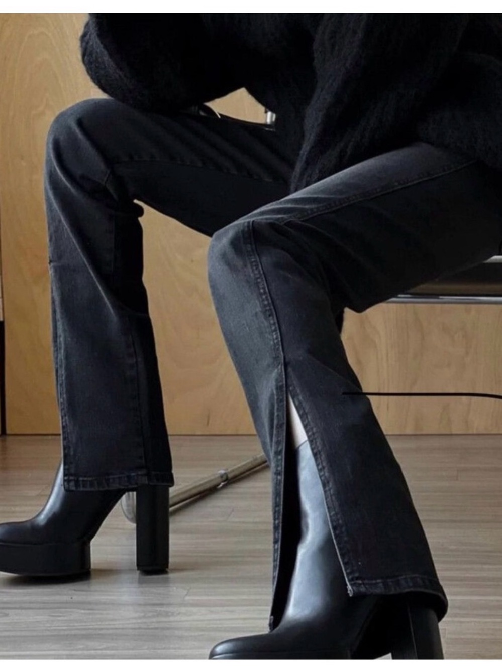 The Frankie Shop Black High-Rise Straight Jeans with Ankle Slit